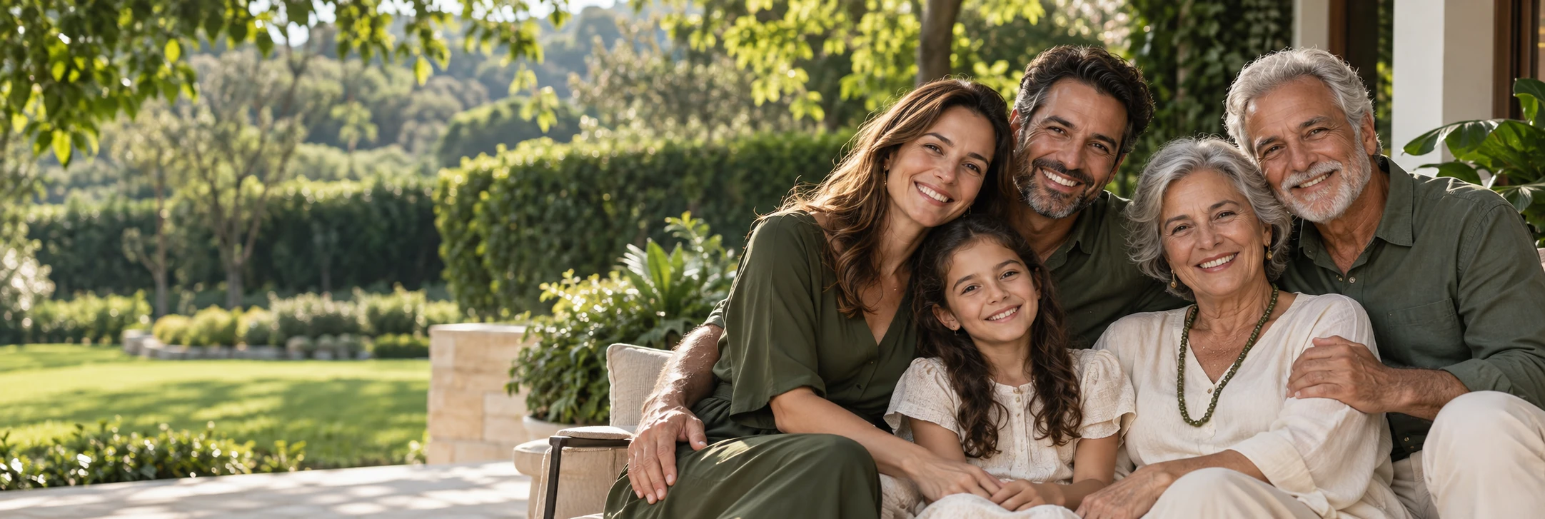 Família com pais, filha e avós reunidos